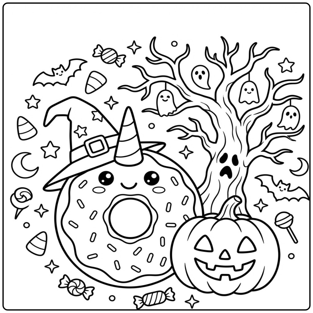 Een schattige Halloween donut eenhoorn kleurplaat met snoepjes.