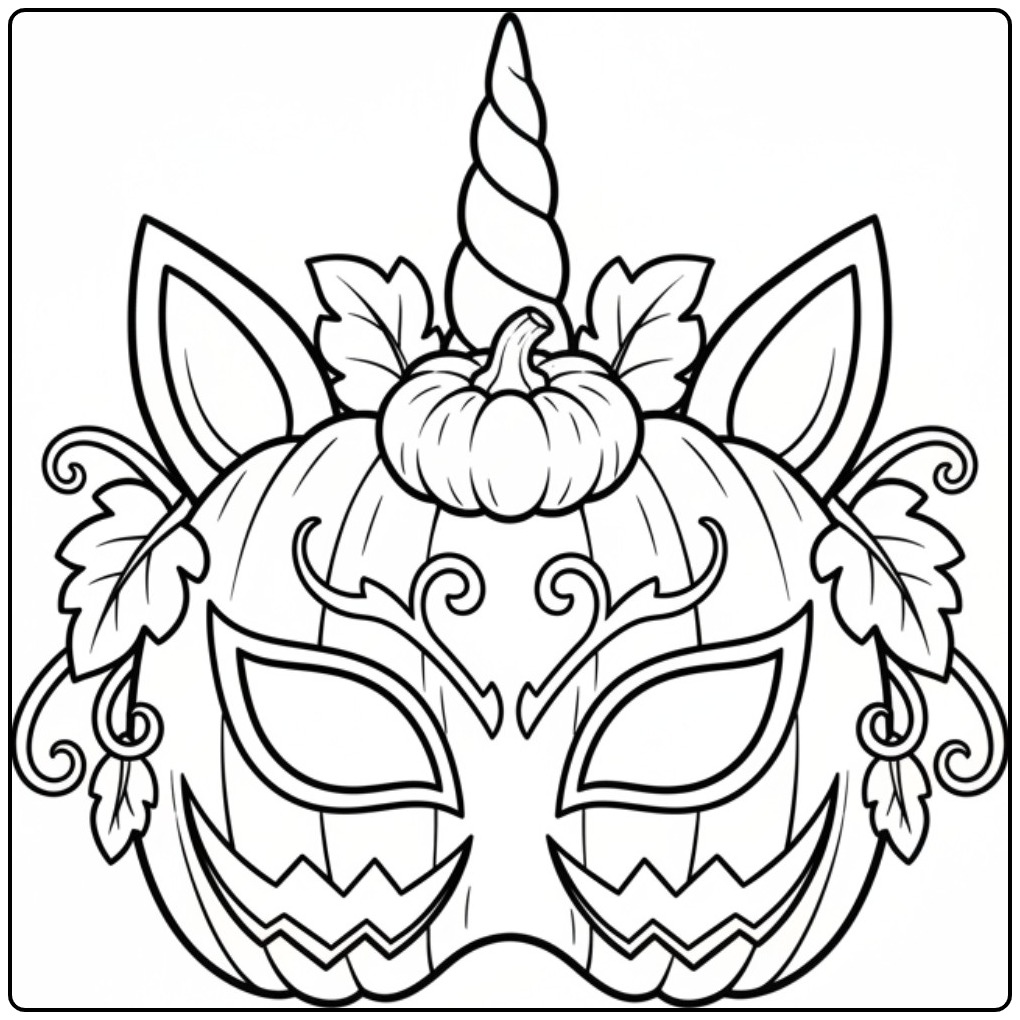 Een pompoen Kleurplaat unicorn Halloween maskers om te versieren.