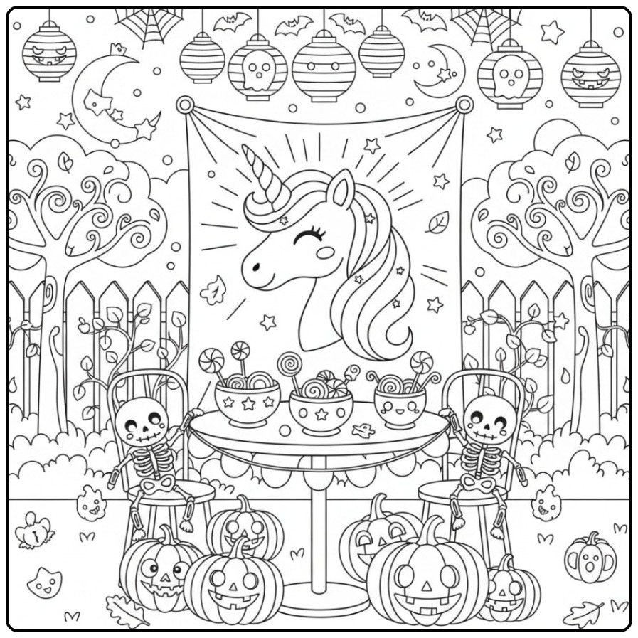 Leuke Kleurplaat unicorn hoofd Halloween met skeletten en snoep.