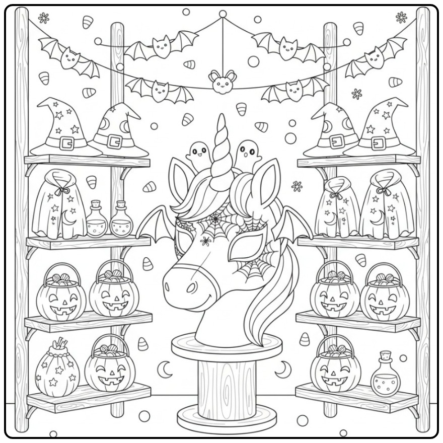 Een enge Kleurplaat unicorn hoofd Halloween in een griezelige winkel.