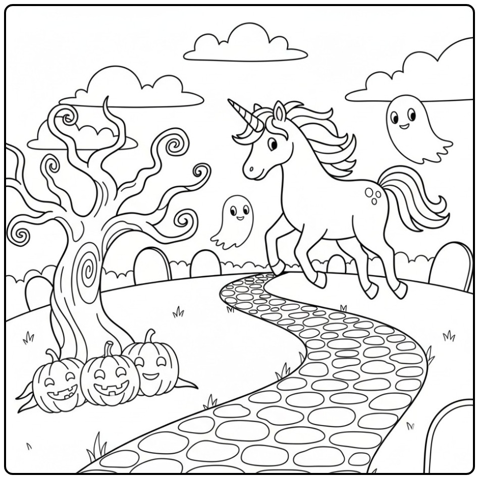 Schattige Kleurplaat unicorn spook voor Halloween op een pad.