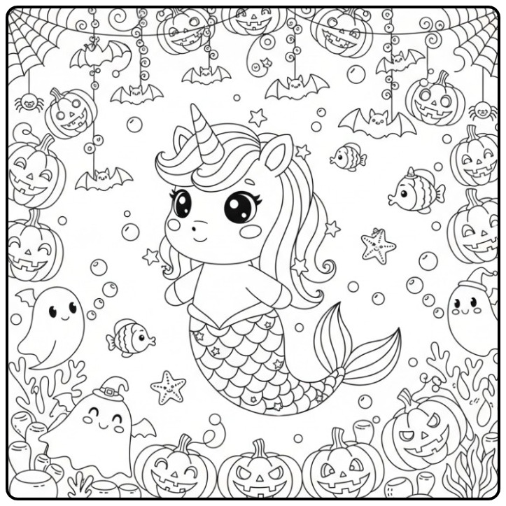 Leuke Kleurplaat unicorn zeemeermin halloween onderwater.