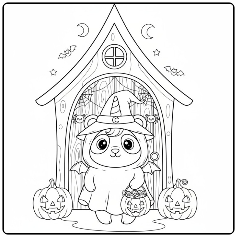 Schattige kleurplaat unicornpanda halloween met pompoenen.