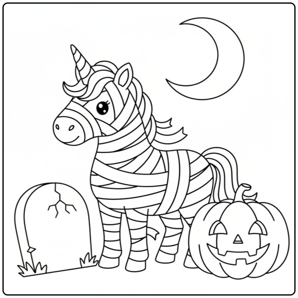 Schattige mummie unicorn halloween kleurplaat met pompoen.