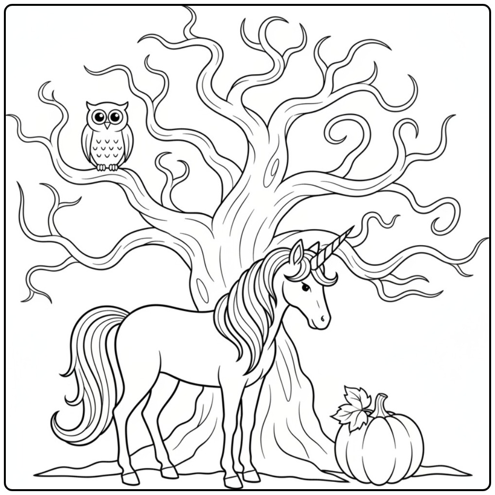 Een magische unicorn halloween kleurplaat met een uil en boom.