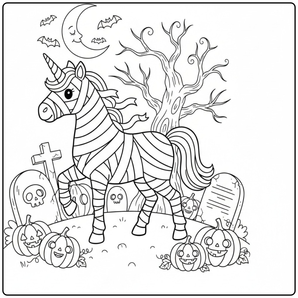 Een mummie unicorn halloween kleurplaat op een eng kerkhof.
