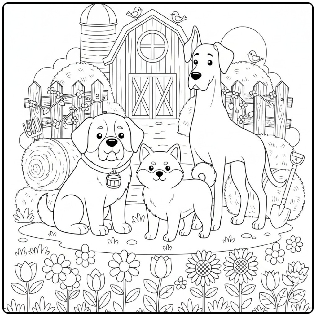 Een landelijke honden kleurplaat moeilijk met drie grote honden.