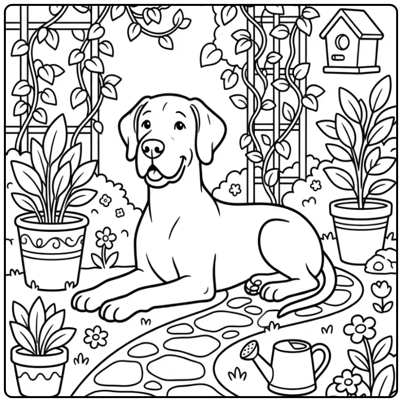 Lieve Deense dog in een bloementuin als kleurplaat hond.