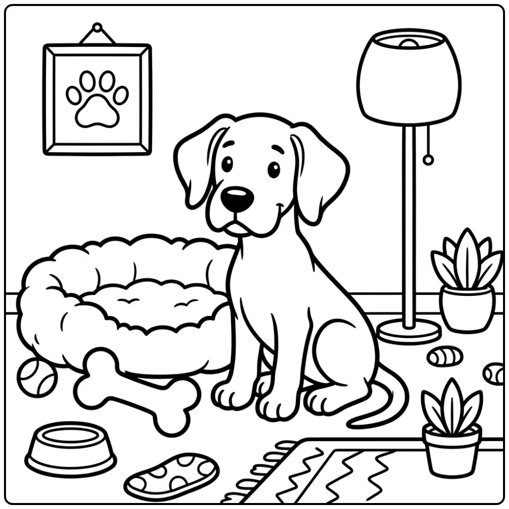 Een kleurplaat schattige puppy van een Deense dog bij zijn mand.