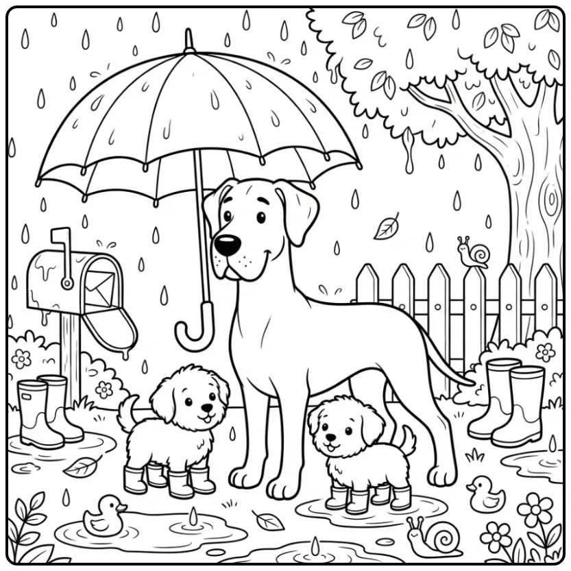 Schattige kleurplaat honden puppies met paraplu in de regen.