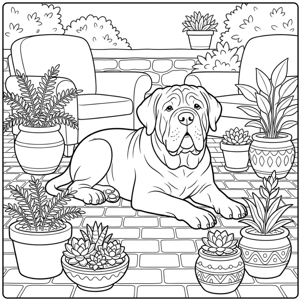 Kleurplaat hond met grote Mastiff tussen plantenpotten