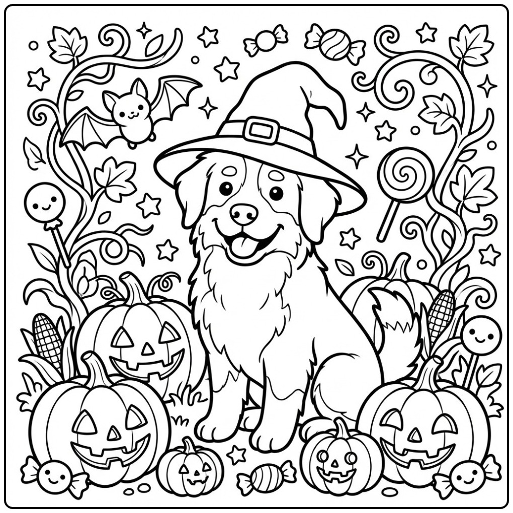 Leuke berner sennen kleurplaat met heksenhoed en pompoenen.