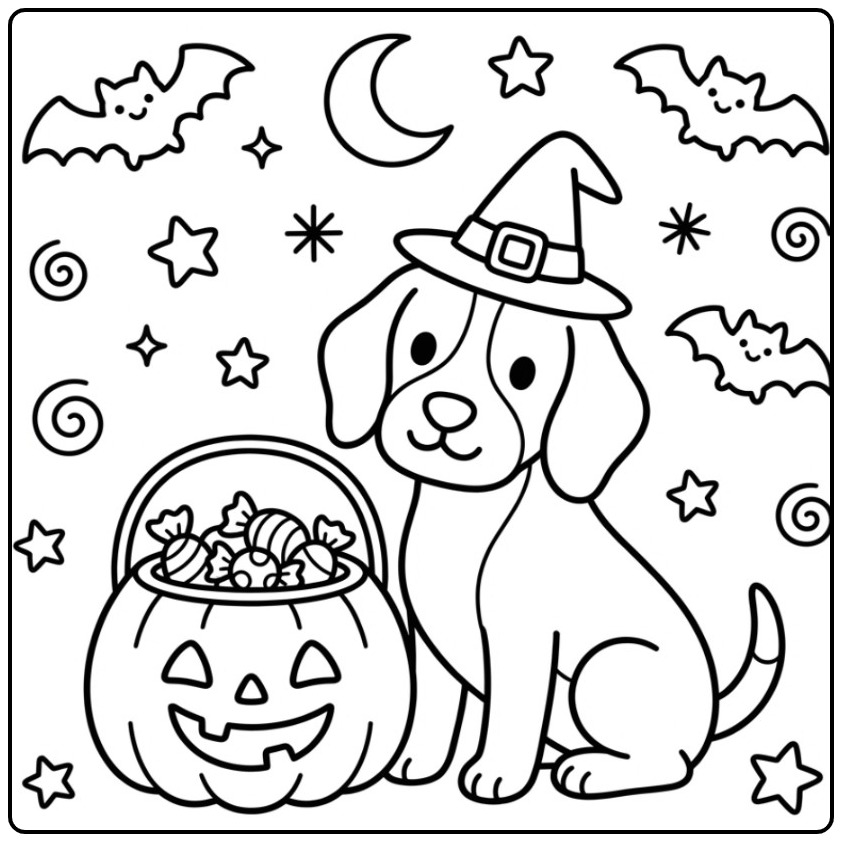 Schattige kleurplaat beagle met een heksenhoed en pompoen.
