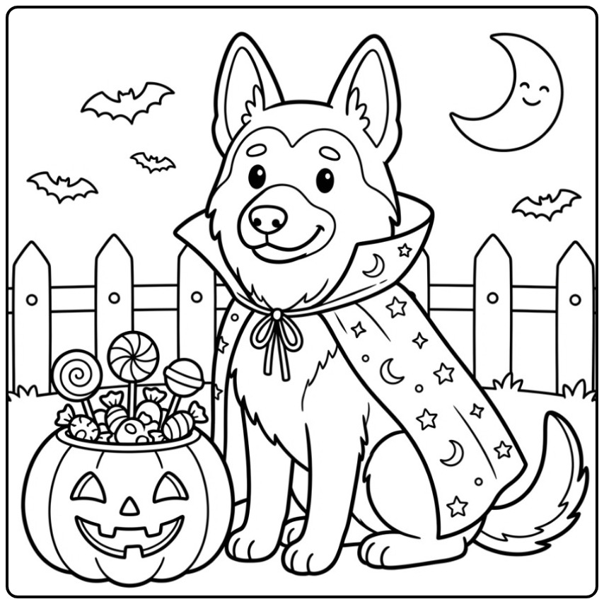 Vrolijke kleurplaat duitse herder in een vampiercape voor Halloween.