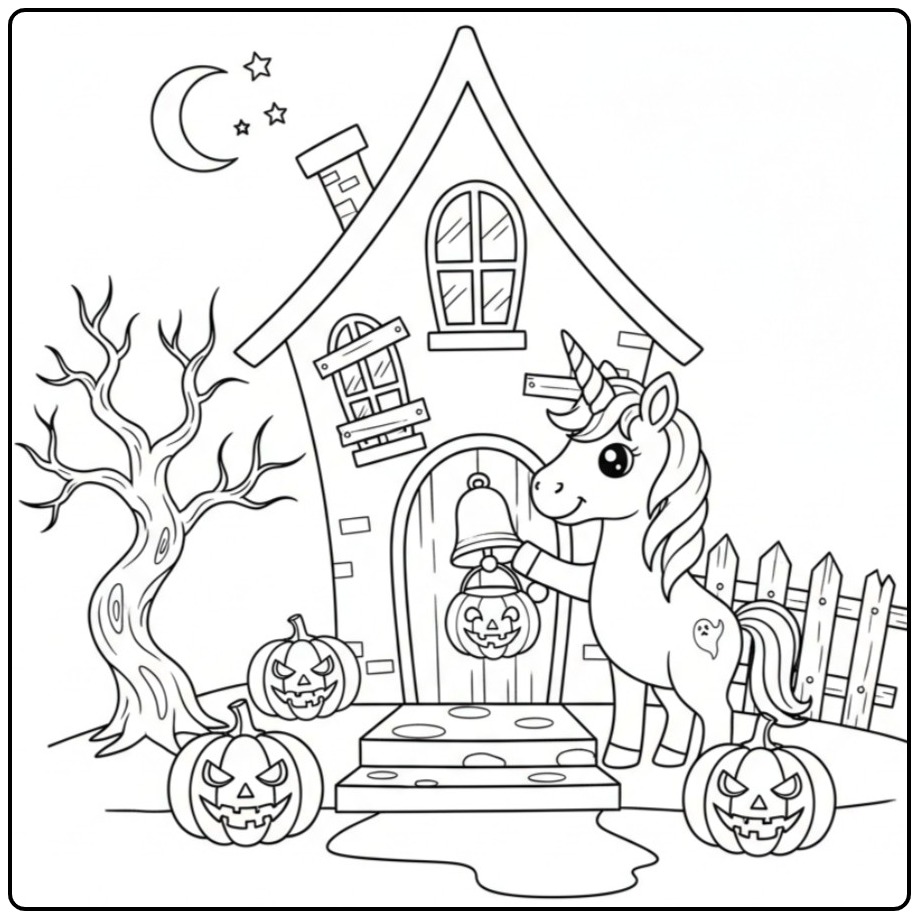 Een schattige Kleurplaat unicorn trick-or-treat bij een spookhuis.