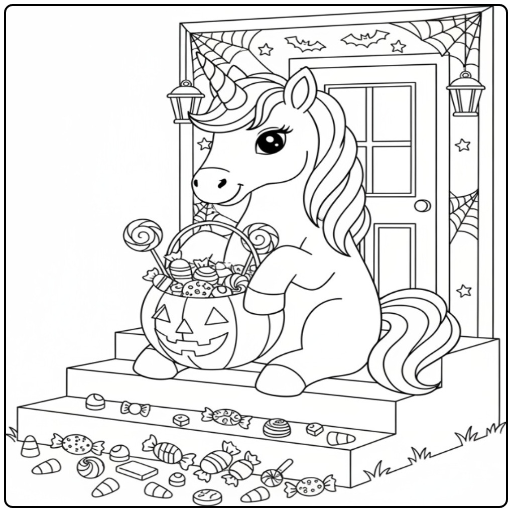 Leuke Kleurplaat unicorn trick-or-treat met een pompoenmand.