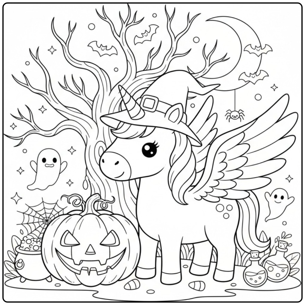Een schattige Halloweenkleurplaat eenhoorn met vleugels en pompoen.
