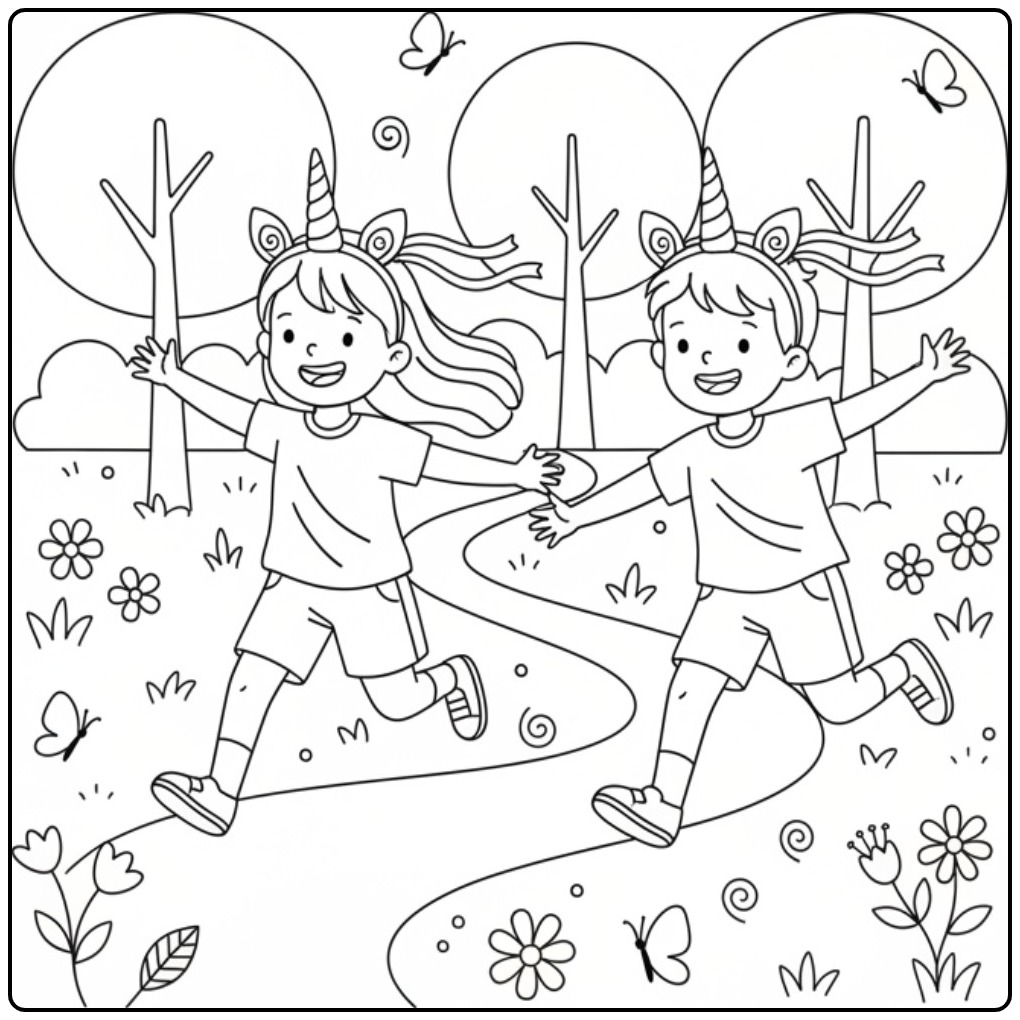 Twee blije kinderen met een schattige unicorn hoorn kleurplaat.