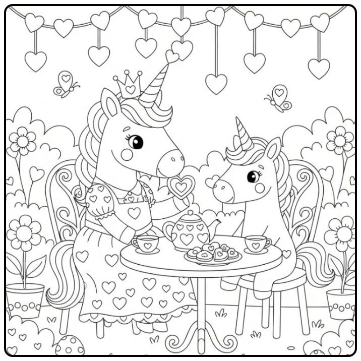 Kleurplaat eenhoorn prinses met hartjes: theekransje in de tuin.