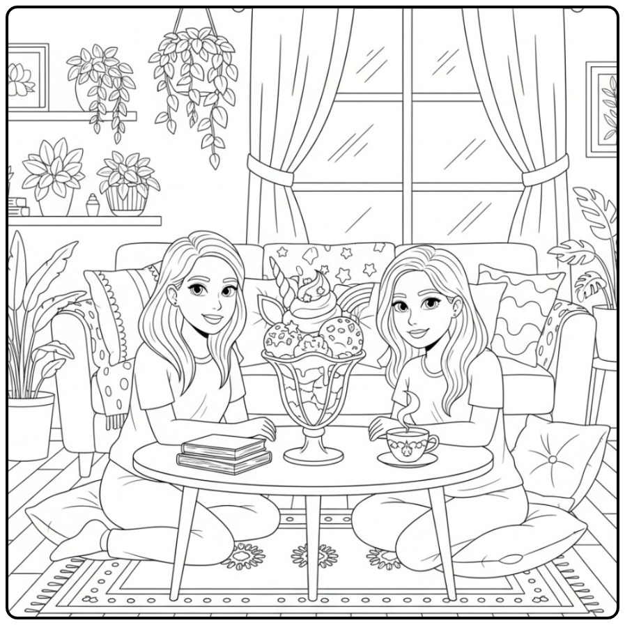 Gezellige kleurplaat unicorn ijsje met vriendinnen thuis.