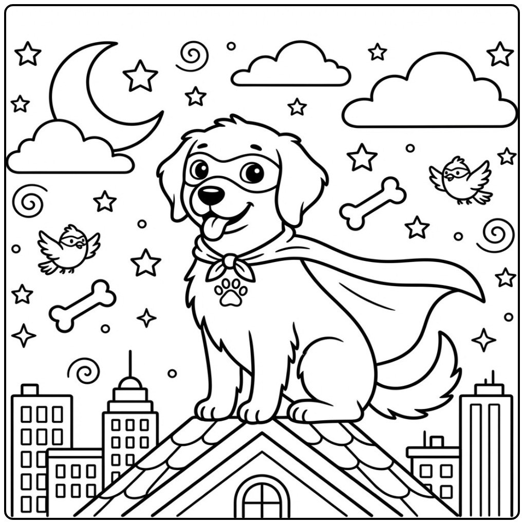 Een leuke kleurplaat golden retriever als een superheld.