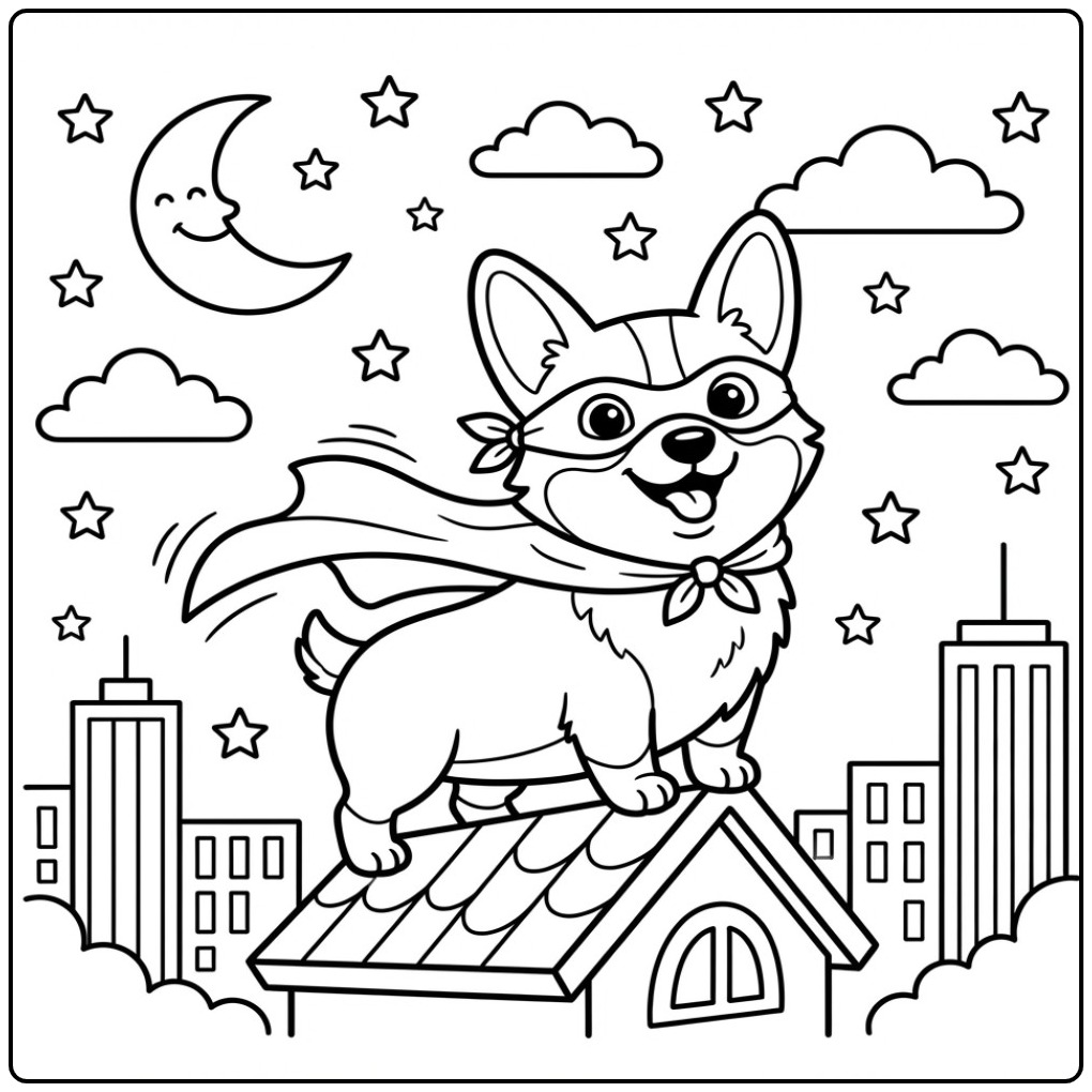 Een superheld op een makkelijke corgi kleurplaat voor kids.