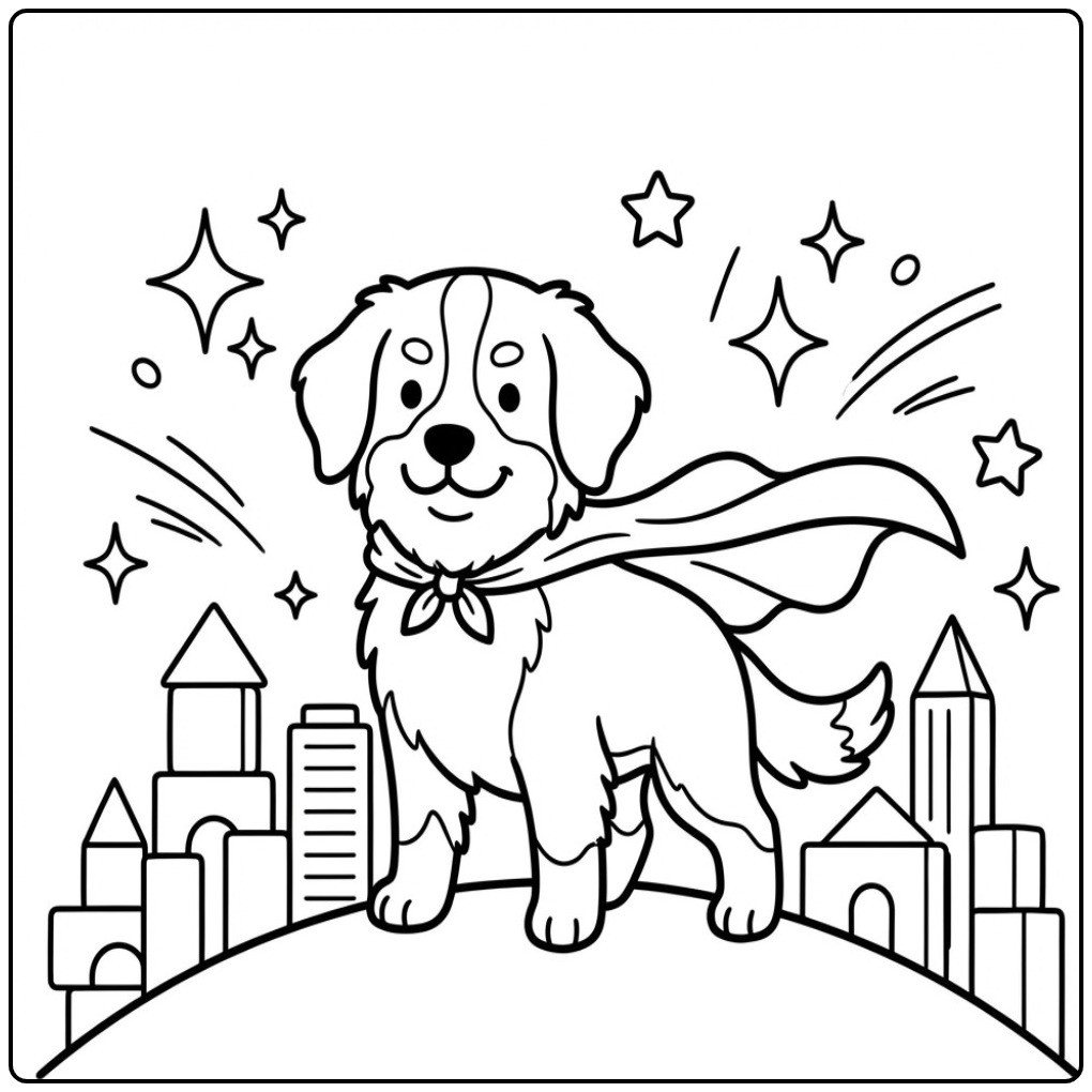 Een superheld kleurplaat berner sennenhond met een wapperende cape.