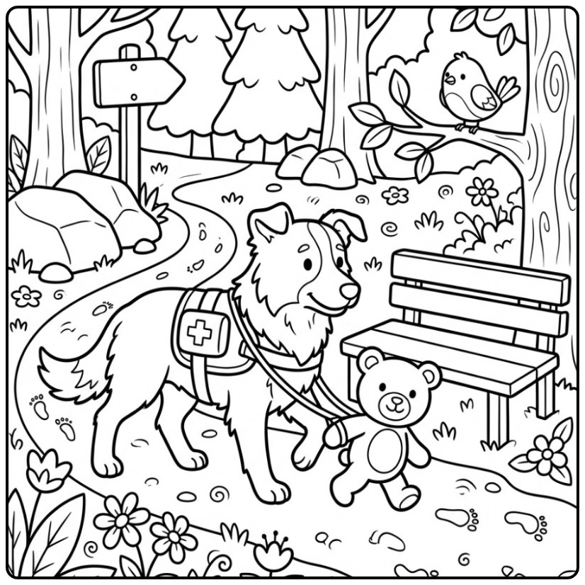 Een schattige kleurplaat border collie als reddingshond.