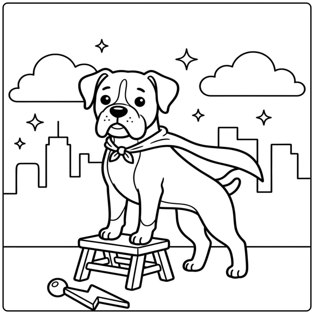 Een superheld kleurplaat boxer hond met een cape en stadsdecor.