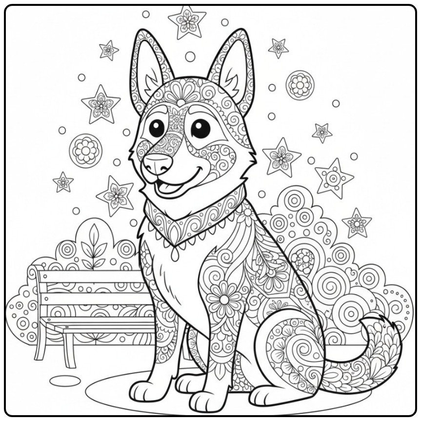 Trotse Duitse herder als een kleurplaat mandala hond in park.