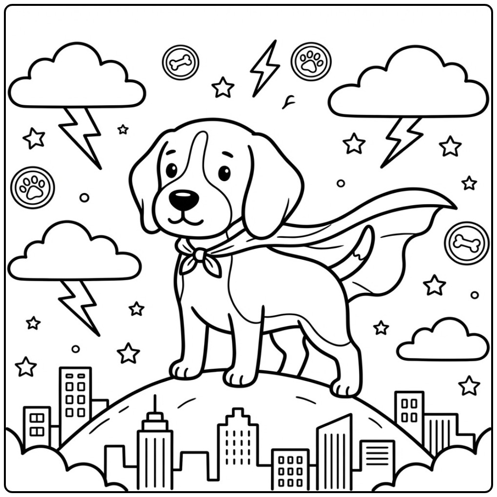 Een dappere superheld hond, een leuke kleurplaat beagle.