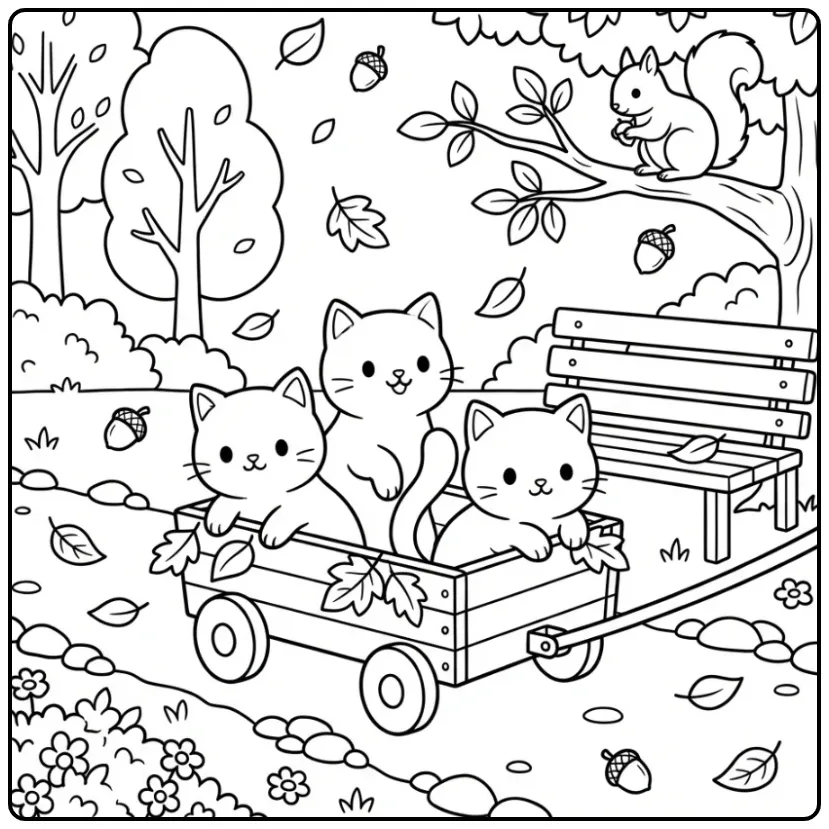 Een kleurplaat schattige katjes in een bolderkar in het park.