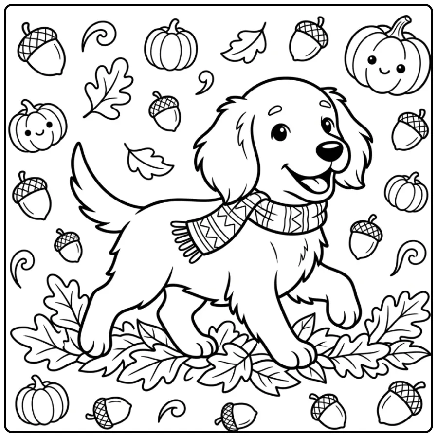 Kleurplaat schattige puppy Ierse Setter in de herfst.