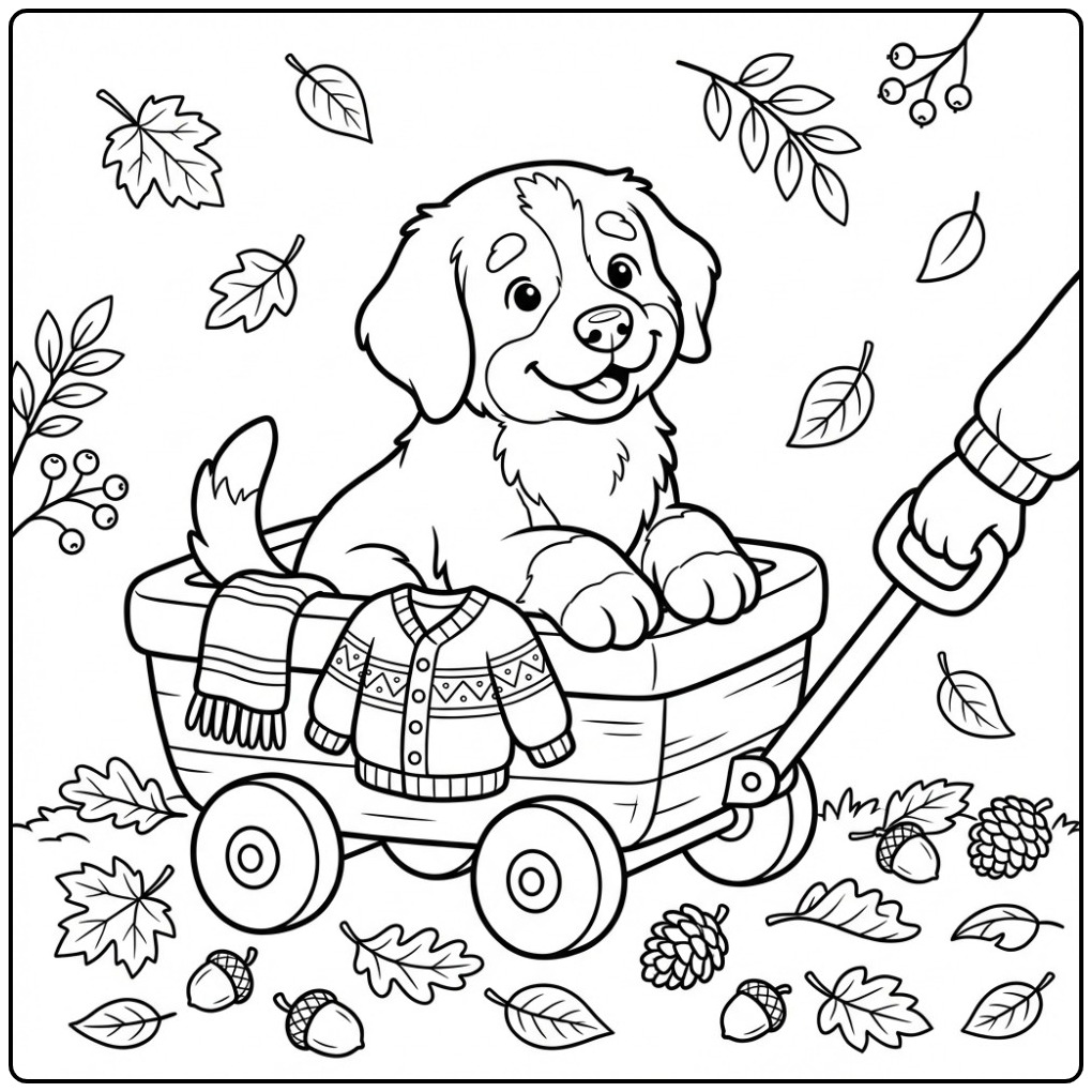 Vrolijke kleurplaat berner sennenhond puppy in een bolderkar.