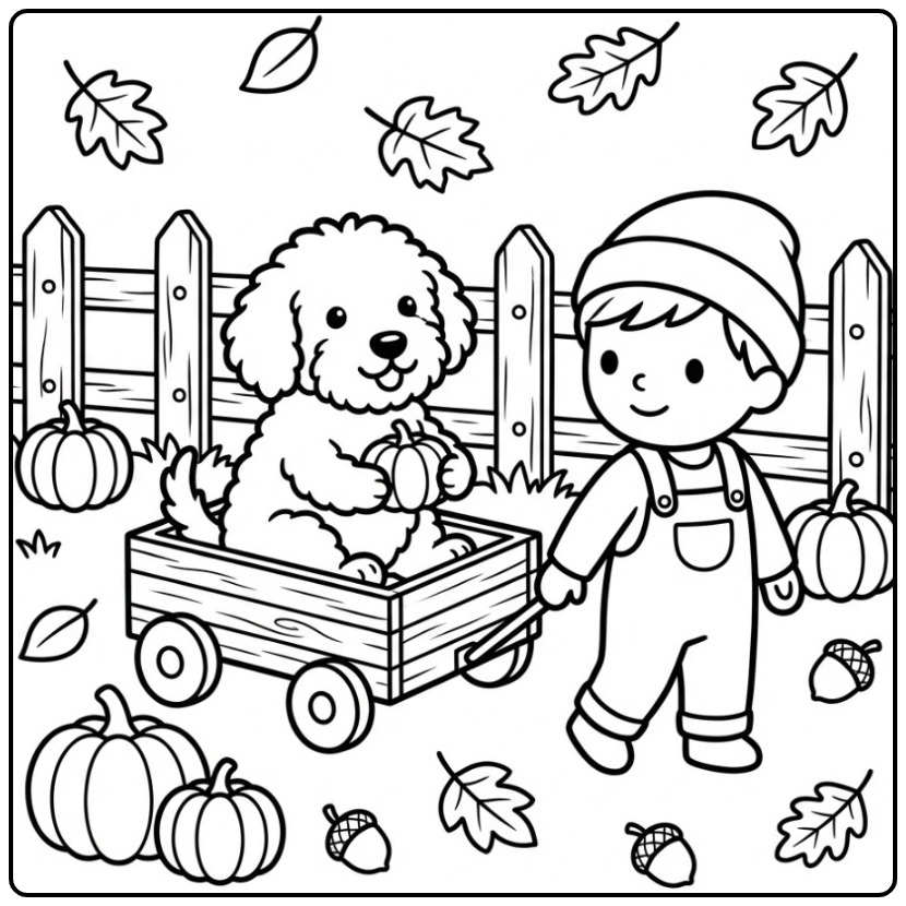 Leuke kleurplaat labradoodle in een kar met pompoenen.