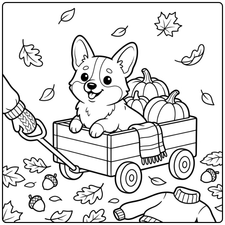 Leuke corgi kleurplaat in een bolderkar vol met pompoenen.