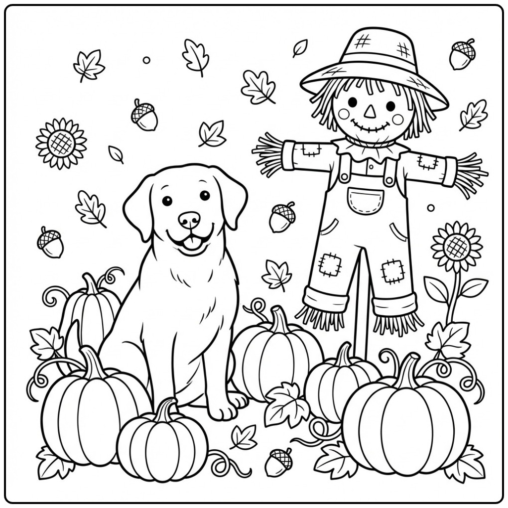 Schattige kleurplaat labrador met pompoenen en vogelverschrikker.