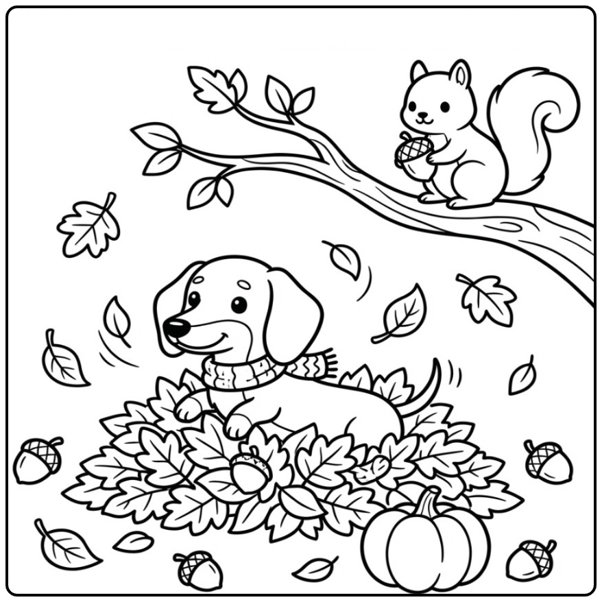 Een leuke kleurplaat teckel in een stapel herfstbladeren.