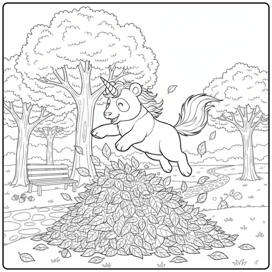 Vrolijke unicorn panda kleurplaat springend in een blaadjeshoop.