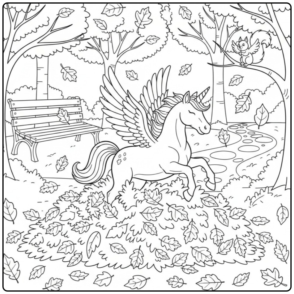 Leuke kleurplaat eenhoorn met vleugels in een herfstbos.