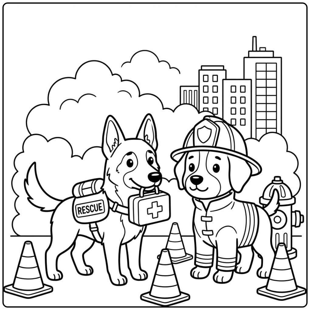 Een dappere kleurplaat mechelse herder met een EHBO-doos.