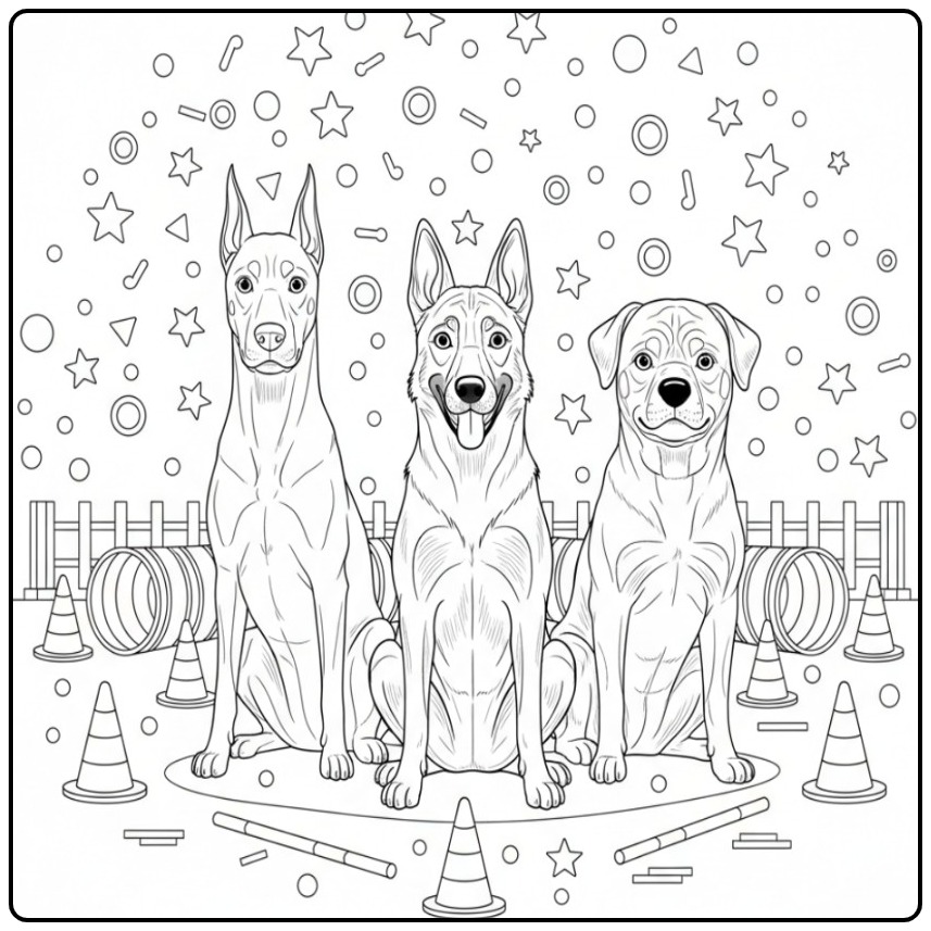 Drie waakzame honden op het trainingsveld, een honden kleurplaat moeilijk.