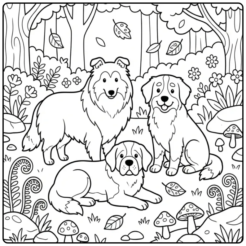 Honden kleurplaat met Collie, Berner Sennen en Sint Bernard.