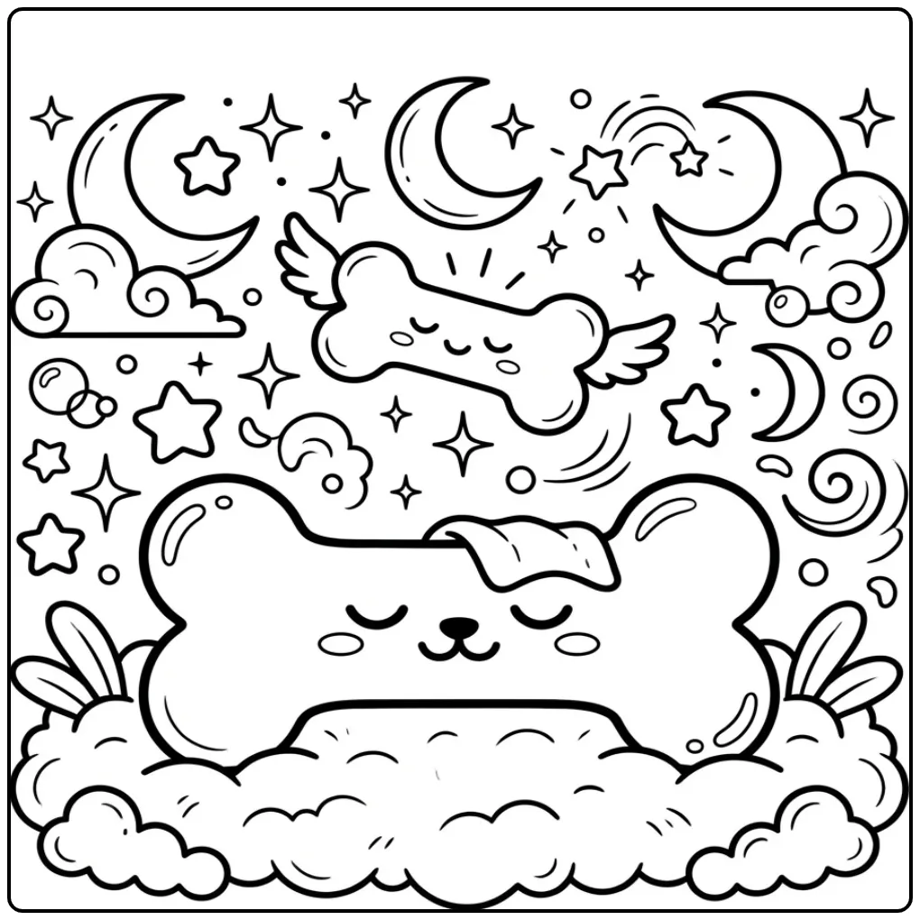Dromerige hondenbot kleurplaat onder een sterrenhemel.
