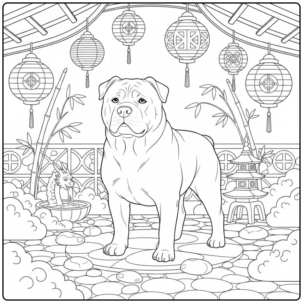 Gedetailleerde kleurplaat hond moeilijk van een Tosa in een tuin.