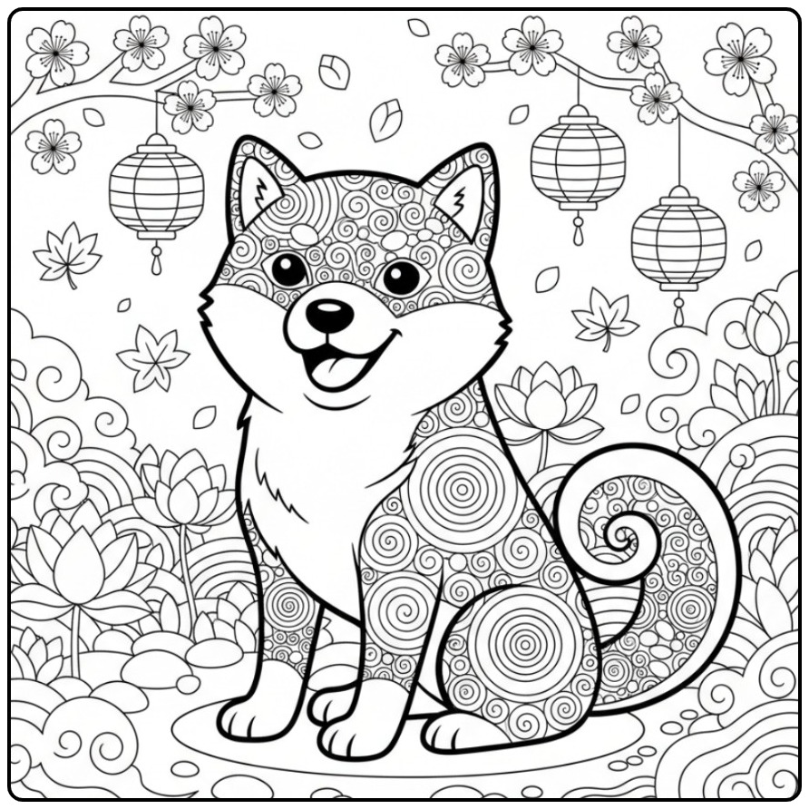 Vrolijke Shiba Inu als een kleurplaat mandala hond in een tuin.