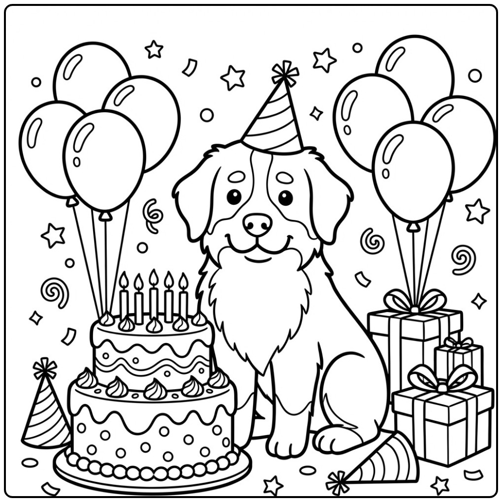 Vrolijke berner sennen kleurplaat met taart en ballonnen.