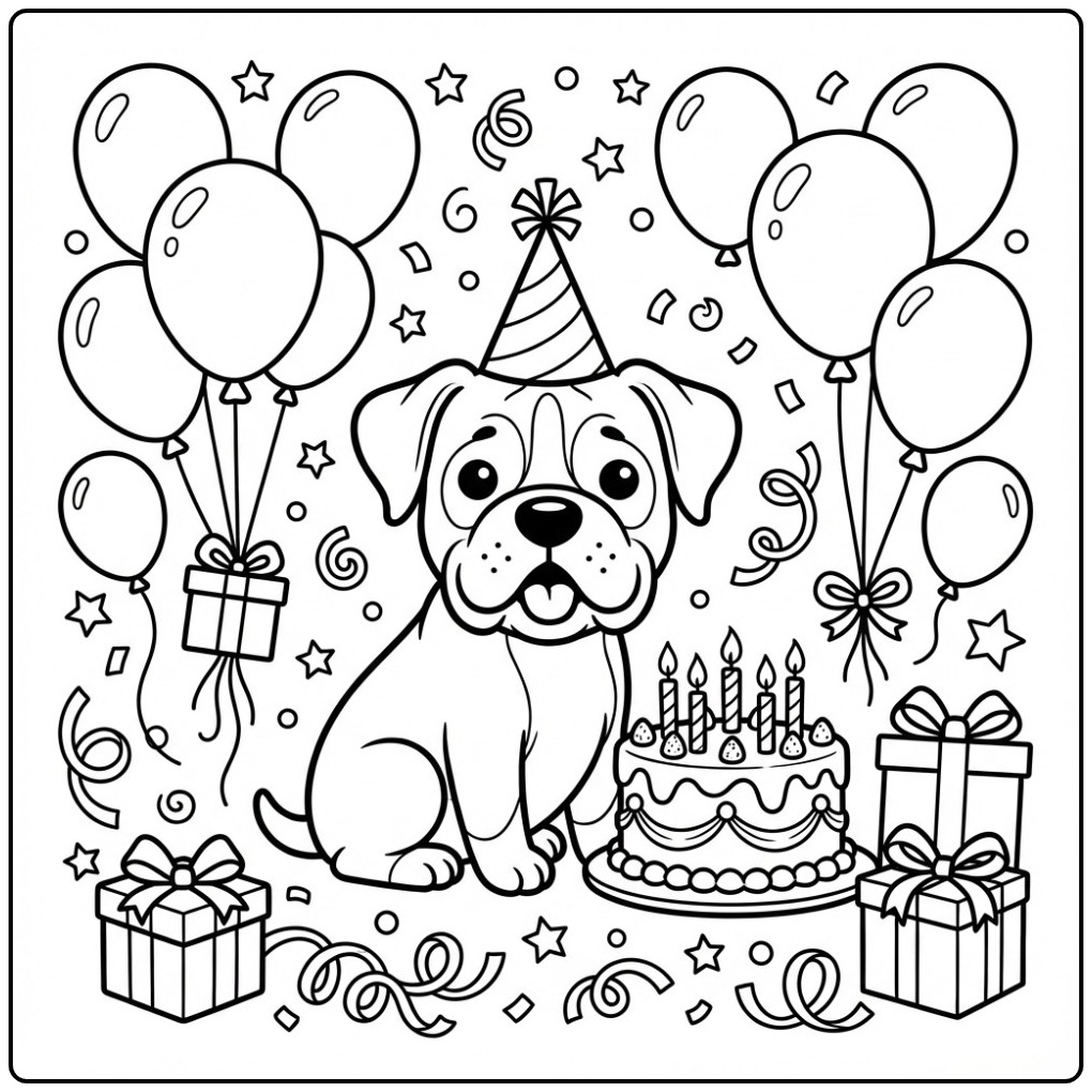 Vrolijke kleurplaat boxer hond met een feesthoedje en taart.