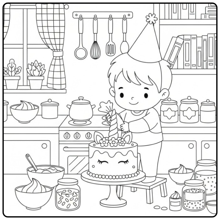 Een jongen versiert een schattige Kleurplaat unicorn verjaardags taart.