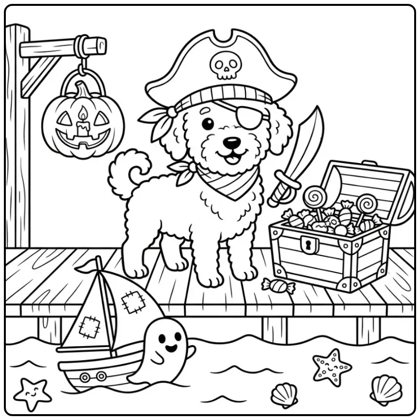 Een schattige kleurplaat halloween hond verkleed als piraat.